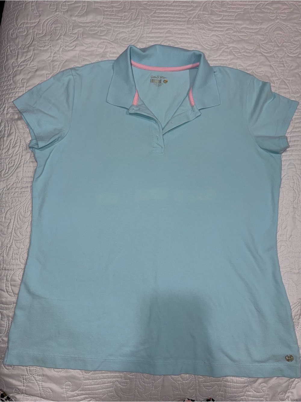 Lilly Pulitzer Luxletic Polo Size XL Aqua Blue Pink Golf Tennis